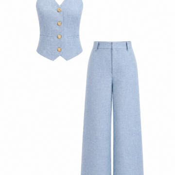 Light Blue Halter Neck Vest and Wide-Leg Trouser Set