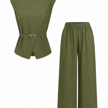 Olive Green Sleeveless Peplum Top and Wide-Leg Pants Set