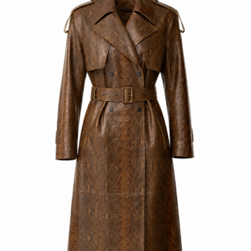 Brown Snakeskin Print Longline Trench Coat with Double-Breasted Front and Belt