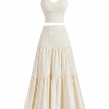 Cream Ribbed Knit Two-Piece Set with Cropped Cami Top and Tiered Maxi Skirt