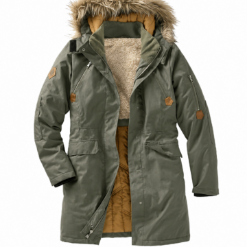 Olive Green Hooded Parka with Faux Fur Trim and Quilted Lining