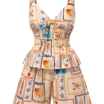 Maritime Print Two-Piece Set with Peplum Top and Shorts