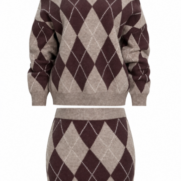 Taupe Argyle Knit Two-Piece Set with Off-Shoulder Sweater and Mini Skirt