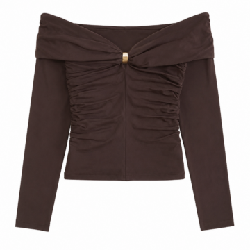 Dark Brown Off-Shoulder Ruched Crop Top with Gold Ring Detail
