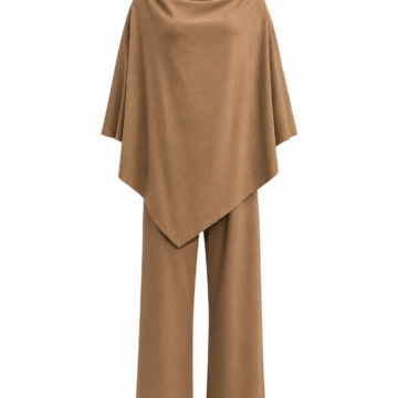 Camel Brown Cowl-Neck Top and Wide-Leg Pants Set