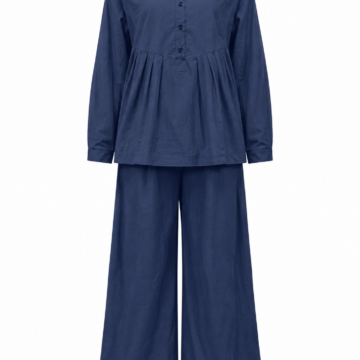 Navy Blue Relaxed Two-Piece Set with Band Collar Top and Wide-Leg Trousers