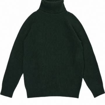Dark Green Ribbed Turtleneck Sweater with Drop Shoulder and Diagonal Seams