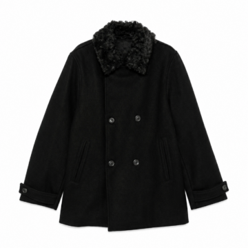 Black Double-Breasted Coat with Faux Fur Collar