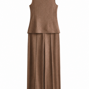 Brown Sleeveless Mock Neck Top and Wide-Leg Pleated Trouser Set