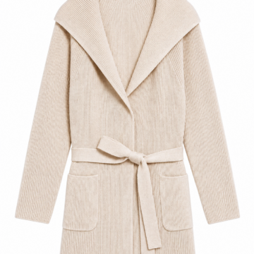 Ivory Ribbed Knit Open-Front Cardigan with Shawl Collar & Belt