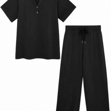 Black Short-Sleeve Split V-Neck Top and Wide-Leg Pants Set