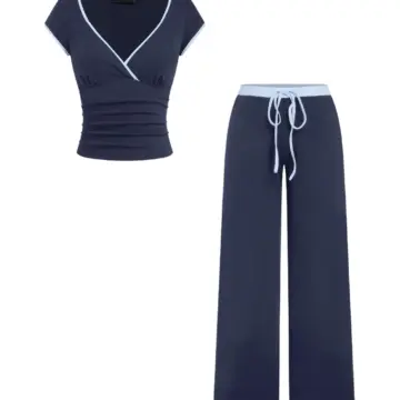 Navy Blue Two-Piece Set with Contrast Piping and Wide-Leg Pants