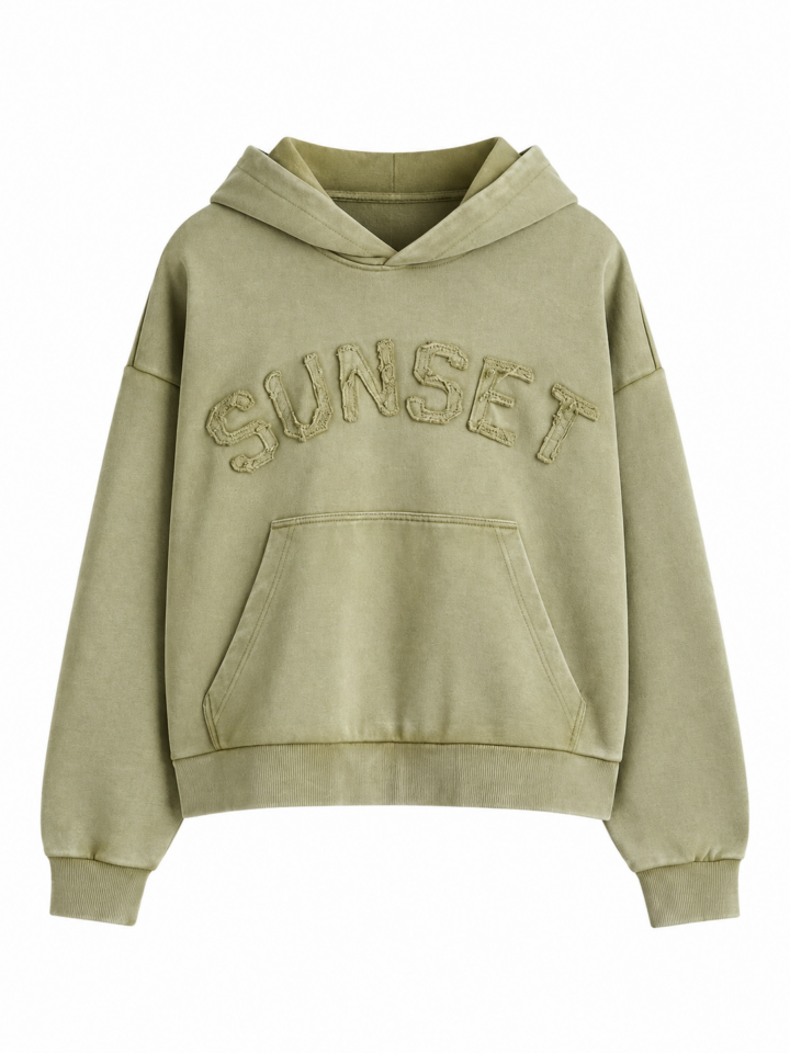 Sage Green Cropped Pullover Hoodie with Appliqué Text