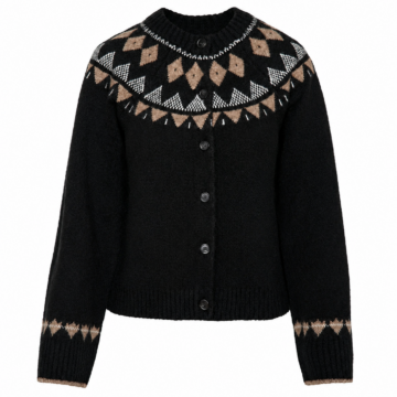 Black Fair Isle Button-Front Cardigan with Geometric Yoke