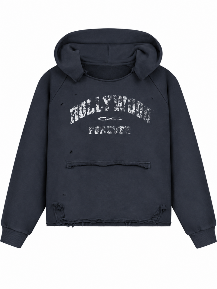 Black Distressed Oversized Pullover Hoodie with Graphic