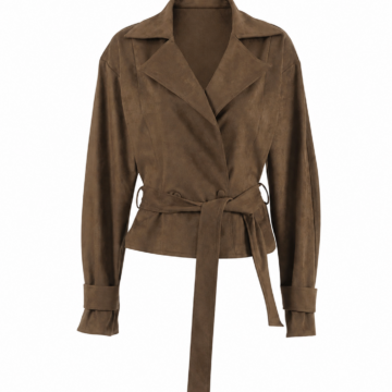 Dark Brown Faux-Suede Wrap Jacket with Tie Belt and Notched Collar
