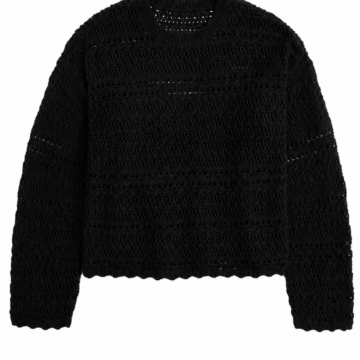 Black Pointelle Cropped Sweater with Scalloped Edges and Crew Neck
