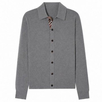 Medium Grey Knit Button-Up Cardigan with Polo Collar and Check Detail