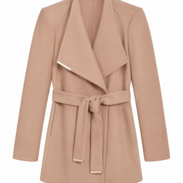 Camel Wrap Coat with Draped Lapel Collar and Gold-Tone Hardware
