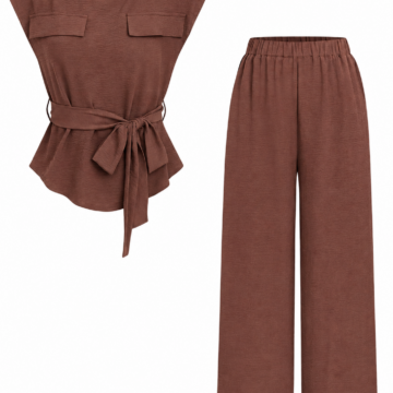 Brown Cap-Sleeve Top and Wide-Leg Trousers Set