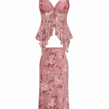 Dusty Rose Floral Print Two-Piece Set with Cami Top and Midi Skirt