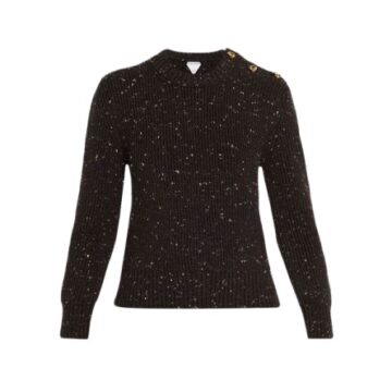 Black Ribbed Knit Sweater with Gold Flecks and Button Detail