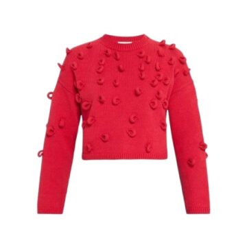 Red Cropped Knit Sweater with 3D Loop Yarn Details