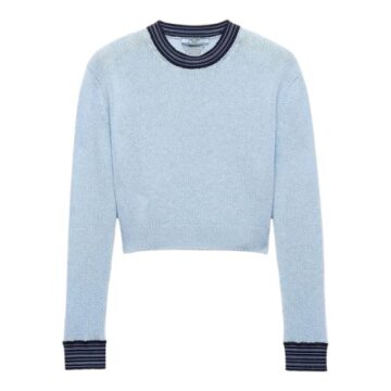 Light Blue Cropped Knit Sweater with Navy Striped Ribbing